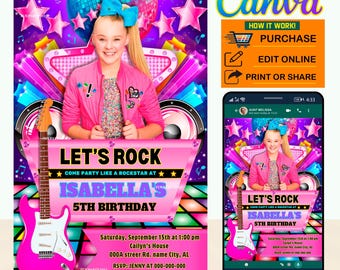Jojo Siwa Birthday Invitation, Rockstar Party, Editable Canva Template (Digital Download)