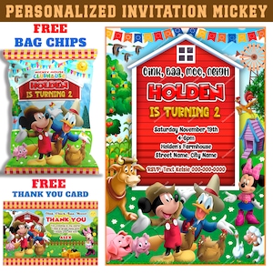 50% korting: gepersonaliseerde uitnodiging Mickey en de boerderij, verjaardagsfeestje, GRATIS bedankkaart en zakje chips, bedrukbaar