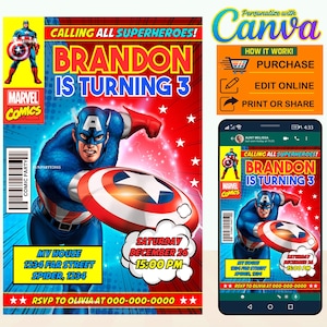 60% Off, America Captain party digital birthday invitation EDITABLE in CANVA, America Captain party invite Canva, instant download, New 2023