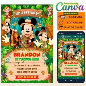 60% korting - Mickey Safari digitale verjaardagsuitnodiging BEWERKBAAR in CANVA, Mickey jungle party invite Canva, instant download, ontwerp nieuw 2023
