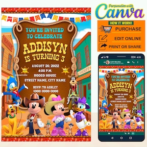 50% korting: digitale verjaardagsuitnodiging Mickey Cowboy-feestje BEWERKBAAR in CANVA, Mickey Cowboy-feestje nodigt Canva uit, instant download, ontwerp 2023
