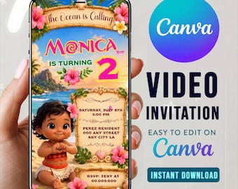MOANA BABY Princess Video Invitation, Editable in CANVA Birthday Invite, Animated Digital Party Invitation