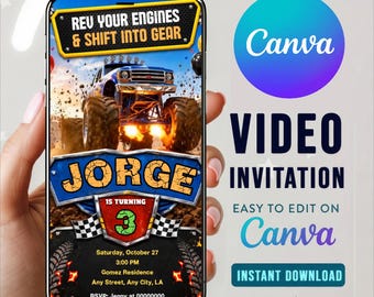 MONSTER TRUCK Video Invitation, Editable in CANVA Birthday Invite, Animated Digital Party Invitation