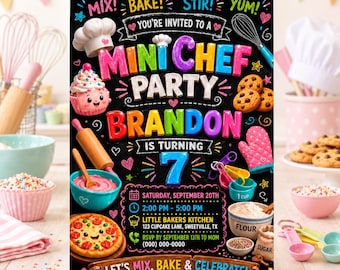 Mini Chef Birthday Invitation, Personalized Chalkboard Cooking Party Invite for Kids