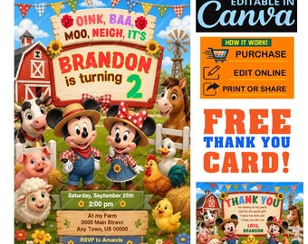 Mickey and Minnie Farm Birthday Invitation Editable Canva Printable Invite Free Thank You Card