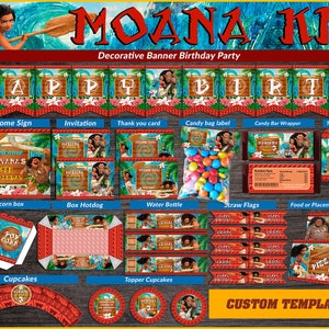 May include: A Moana-themed birthday party kit with various decorative elements. Includes a banner that spells "HAPPY BIRTHDAY", welcome sign, invitations, thank you cards, candy bag labels, candy bar wrappers, popcorn boxes, cupcake toppers, and more. Features characters from the animated film.