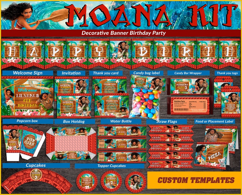 Party package princess Moana Moana kit party. PERSONALIZED Princess Moana printable party kit 50/% off! Moana Party Birthday package