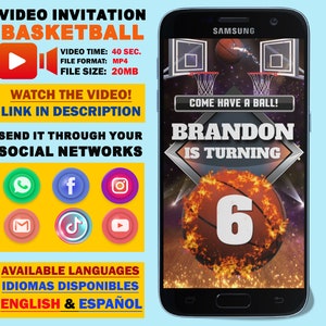 50 % de réduction sur une invitation vidéo de basket-ball avec photo pour une fête d'anniversaire, une invitation vidéo professionnelle créée avec des effets secondaires.