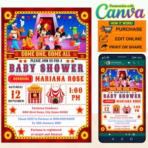 50% korting op digitale uitnodiging Mickey Circus Baby Shower-feestje BEWERKBAAR in CANVA, Mickey Circus Baby Shower Canva, instant download, ontwerp 2023