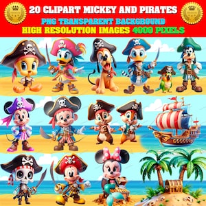 60% Off - 20 Clipart of MICKEY and his friends PIRATES party, Png Transparent, Hi-Res, instant download, Sublimation, Commercial use!