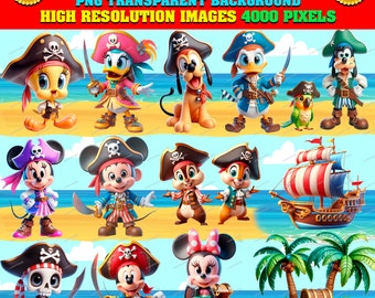 May include: 20 clipart images of Mickey Mouse and his friends dressed as pirates. The characters include Mickey Mouse, Minnie Mouse, Donald Duck, Goofy, Pluto, and Chip and Dale. The images are set against a beach background with a pirate ship and palm trees.