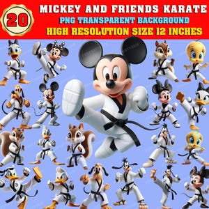 Puede incluir: Un conjunto de 20 imágenes digitales que muestran a Mickey Mouse y sus amigos en poses de karate. Las imágenes están en formato PNG con fondos transparentes y son de alta resolución, midiendo 30,48 cm de tamaño.