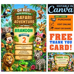 Zaproszenie urodzinowe Myszki Miki i Myszki Minnie SAFARI Edytowalne zaproszenie Canva do druku Darmowa kartka z podziękowaniami