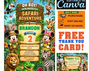 Mickey and Minnie SAFARI  Birthday Invitation Editable Canva Printable Invite Free Thank You Card