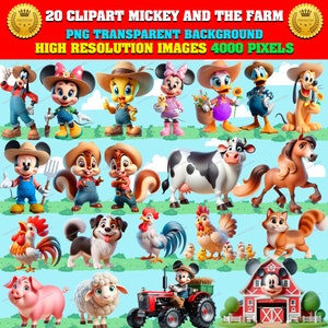 20 clipart di TOPOLINO e i suoi amici alla festa LA FATTORIA, Png trasparente, alta risoluzione, download istantaneo, sublimazione, adesivi, uso commerciale!