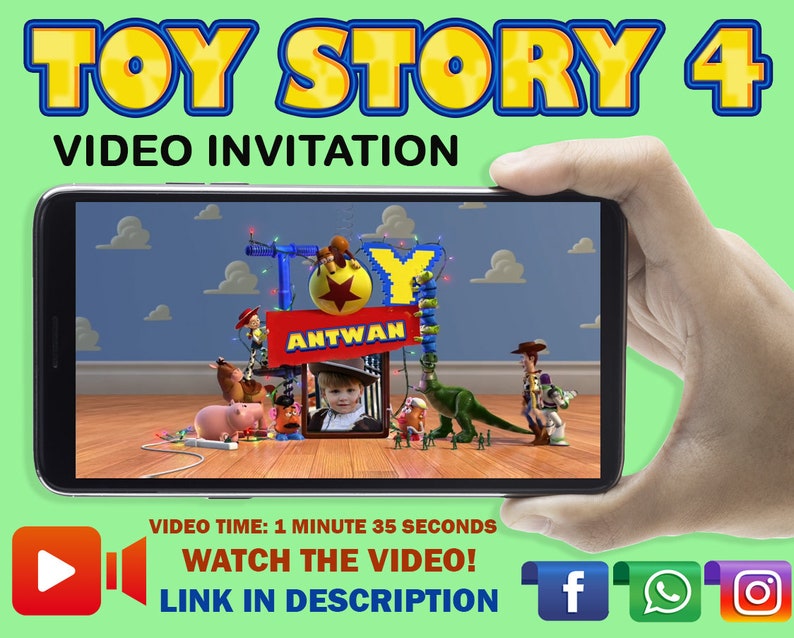 Op de afbeelding: Een video-uitnodiging voor een Toy Story 4-themafeest. De uitnodiging toont een screenshot van een video met de personages uit Toy Story 4, waaronder Woody, Buzz Lightyear en Rex. De video is getiteld "Antwan" en de tekst "VIDEO TIME: 1 MINUTE 35 SECONDS WATCH THE VIDEO! LINK IN DESCRIPTION" wordt onder de video weergegeven.