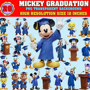 20 Cute MICKEY & Friends GRADUATION Party Clipart Bundle, Png Transparent, Hi-Res, instant download, Sublimation, Stickers, Commercial use!