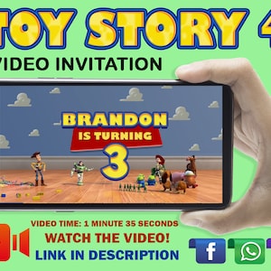 Op de afbeelding: Een Toy Story 4 video-uitnodiging voor een verjaardagsfeest. De video toont Woody, Buzz Lightyear en andere personages uit de film. De tekst op het scherm luidt "Brandon wordt 3 jaar".