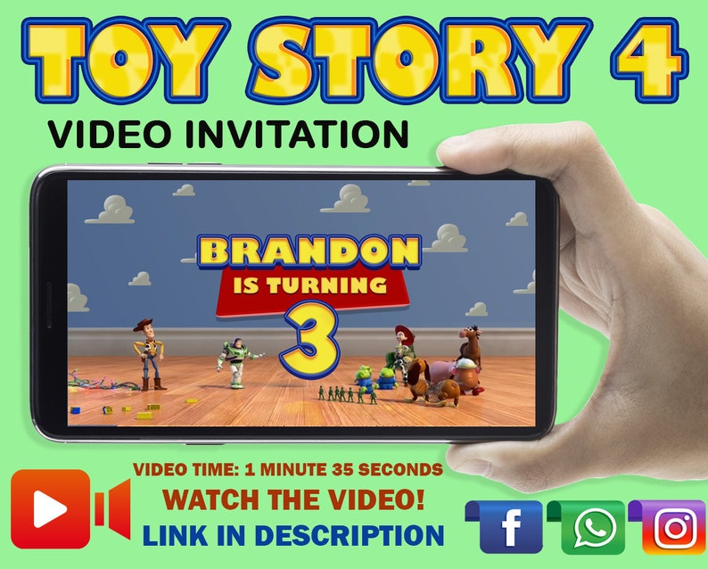 Op de afbeelding: Een Toy Story 4 video-uitnodiging voor een verjaardagsfeest. De video toont Woody, Buzz Lightyear en andere personages uit de film. De tekst op het scherm luidt "Brandon wordt 3 jaar".