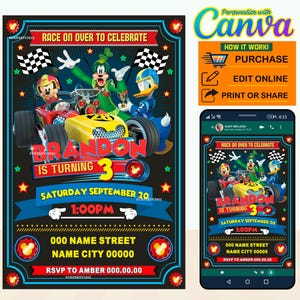 50% korting! Mickey Roadster Racers digitale verjaardagsuitnodiging feest krijt BEWERKBAAR in CANVA, instant download, ontwerp nieuw 2023