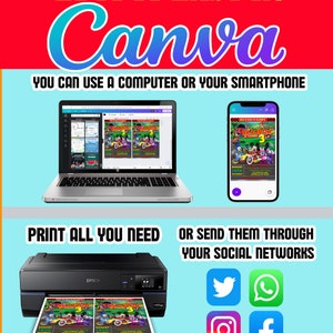 Może przedstawiać: Cyfrowy szablon przedstawiający laptopa i smartfona z projektem zaproszenia urodzinowego. Tekst brzmi EDIT IT EASY IN Canva, YOU CAN USE A COMPUTER OR YOUR SMARTPHONE, PRINT ALL YOU NEED, OR SEND THEM THROUGH YOUR SOCIAL NETWORKS.