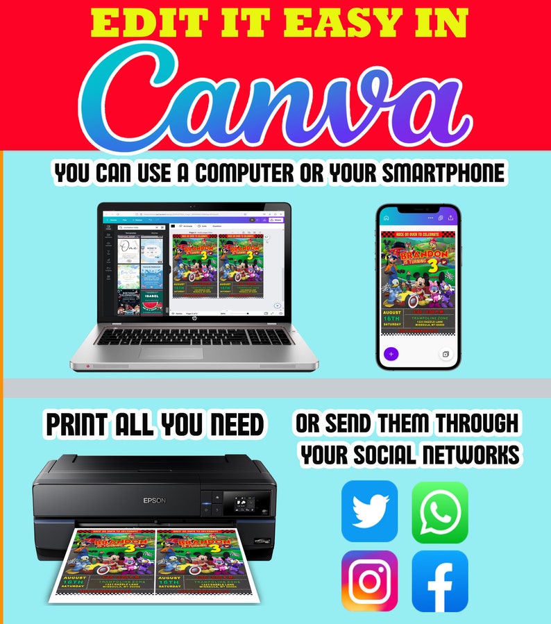 Może przedstawiać: Cyfrowy szablon przedstawiający laptopa i smartfona z projektem zaproszenia urodzinowego. Tekst brzmi EDIT IT EASY IN Canva, YOU CAN USE A COMPUTER OR YOUR SMARTPHONE, PRINT ALL YOU NEED, OR SEND THEM THROUGH YOUR SOCIAL NETWORKS.