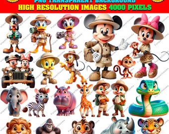 May include: A set of 24 digital clipart images featuring Mickey Mouse and friends on a safari adventure. The images include Mickey Mouse, Minnie Mouse, Donald Duck, Goofy, Pluto, and other Disney characters dressed in safari gear. The characters are depicted in various poses, including standing, sitting, and driving a jeep. The images are perfect for creating invitations, party decorations, and other craft projects.
