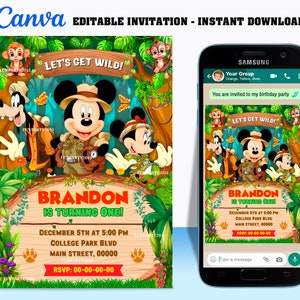 50% off - Mickey Safari digital birthday invitation EDITABLE in CANVA, Mickey jungle party invite Canva, instant download, design New 2023