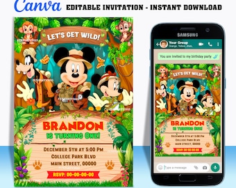 50% off - Mickey Safari digital birthday invitation EDITABLE in CANVA, Mickey jungle party invite Canva, instant download, design New 2023