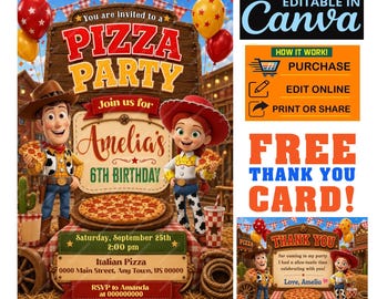 Woody and Jessie PIZZA PARTY Birthday Invitation, Editable CANVA Template (5x7)