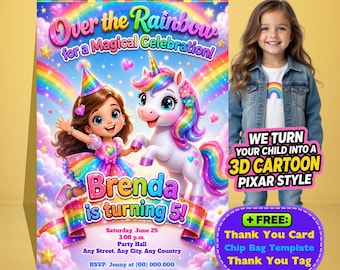 Rainbow Unicorn Birthday Invitation, Personalized Party Flyer (Digital Download)