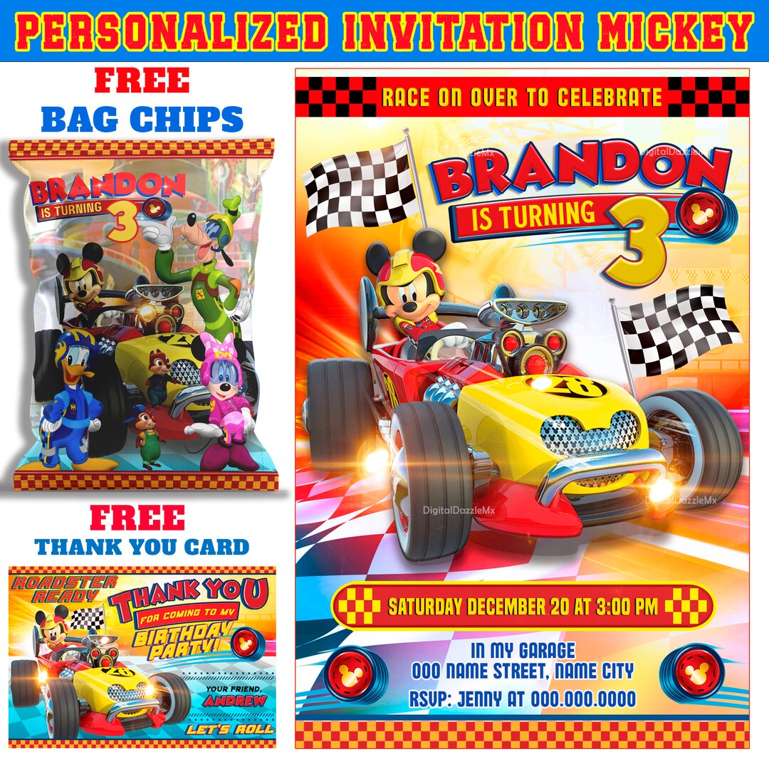 50% off - Mickey Roadster Racers PERSONALIZED Invitation, Birthday Party, FREE Thank You Card ...