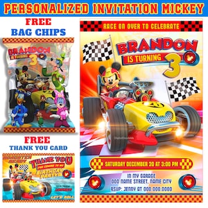 50% korting: Mickey Roadster Racers GEPERSONALISEERDE uitnodiging, verjaardagsfeestje, GRATIS bedankkaart en zakje voor chips, afdrukbaar