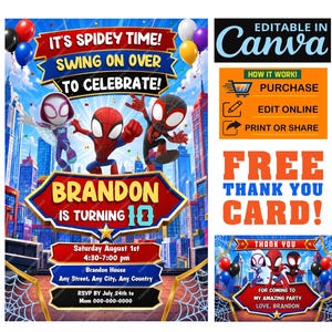 Może przedstawiać: Cyfrowy szablon zaproszenia na przyjęcie z trzema postaciami superbohaterów na tle panoramy miasta. Tekst zawiera IT'S SPIDEY TIME!, SWING ON OVER TO CELEBRATE!, BRANDON IS TURNING 10 oraz szczegóły wydarzenia. Zawiera pasujący projekt kartki z podziękowaniami.