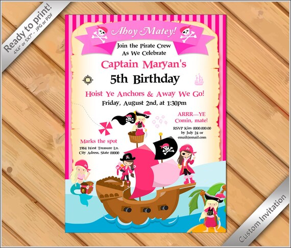 50% off - Custom Printable Invitation Pirate for Girl, invitation PIRATE Color Pink, Modern and fun invitation Pirate Girl. Il_570xn