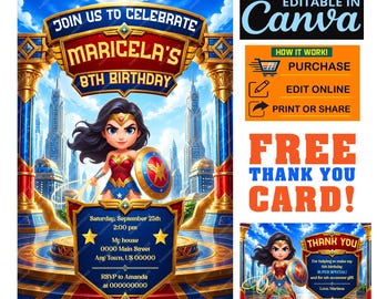 Wonder Hero Girl Birthday Invitation, Editable CANVA Template, 5x7 Printable (Digital Download)