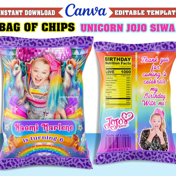 50% off! - Unicorn Jojo Siwa CHIPS BAG, Printable and Editable Template on CANVA, instant download, design New 2023