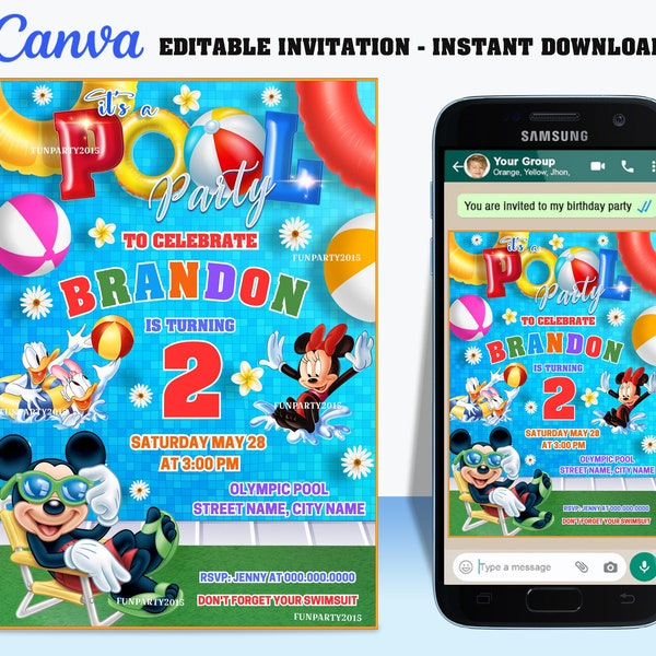 50% off! - Mickey Pool party digital birthday invitation EDITABLE in CANVA, Mickey Pool party invite Canva, instant download, design 2023