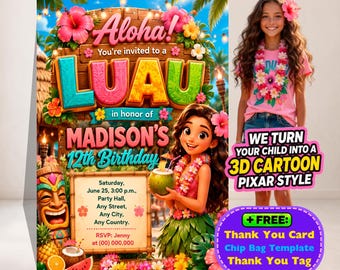 Personalized Luau Party Invitation, 3D Cartoon Birthday Invite, Tropical Hawaiian Theme (Digital Download)