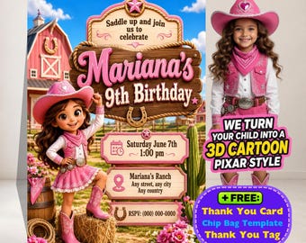Personalized Cowgirl Birthday Invitation, 3D Cartoon Photo, Western Party (Digital Download)