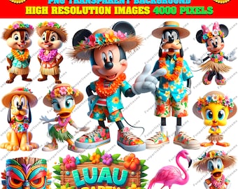 May include: A set of 20 digital clipart images featuring Mickey Mouse and friends in Hawaiian attire. The characters include Mickey Mouse, Minnie Mouse, Donald Duck, Goofy, Pluto, and Chip and Dale. The images are perfect for creating invitations, party decorations, or other craft projects.