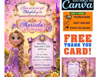Tangled Princess Birthday Invitation, Editable Canva, Printable 5x7, Free Thank You Card