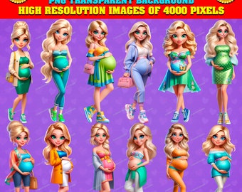 12 Pregnant Blondes in modern clothes bundle clipart, baby shower, Mother's Day, PNG, Hi-Res, instant download, Stickers, Commercial use!