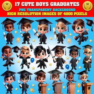 17 GRADUATE Boys in fun poses and celebrations Clipart Bundle, PNG, Hi-Res, instant download, Sublimation, Stickers, Commercial use!