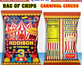 Carnival Circus Chip Bag Template – Editable Birthday Design (CANVA, Digital Download)