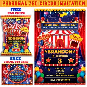 50% korting: GEPERSONALISEERDE uitnodiging circuscarnaval, verjaardagsfeest, GRATIS bedankkaart en zakje chips, afdrukbaar, circusfeest.