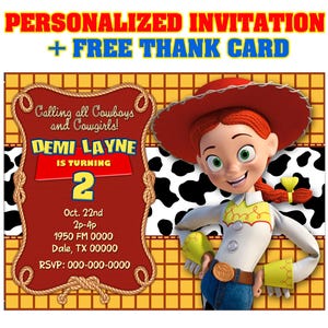 50% korting: GEPERSONALISEERDE verjaardagsuitnodiging Jessie Cowgirl, Jessie Toy Story-uitnodiging, afdrukbaar Jessie Cowgirl-feestje, gratis bedankkaartje!