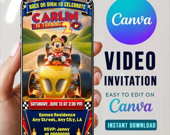 MICKEY RACERS Video Invitation, Editable CANVA Racing Birthday Invite, Animated Digital Party Invitation