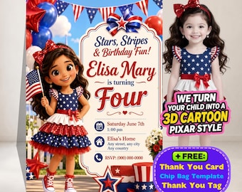May include: A custom printable July 4th birthday invitation featuring a cartoon girl in a patriotic dress, holding an American flag. The invitation includes the text "Stars, Stripes & Birthday Fun!" and "Elisa Mary is turning Four". Includes a free thank you card.