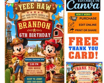 Mickey Minnie Cowboy Birthday Invitation, Editable Canva Western Party (5x7)